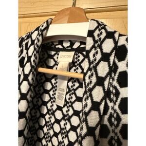 Chicos Black White‎ Geometric Open Front Cardigan Sweater, Size 1